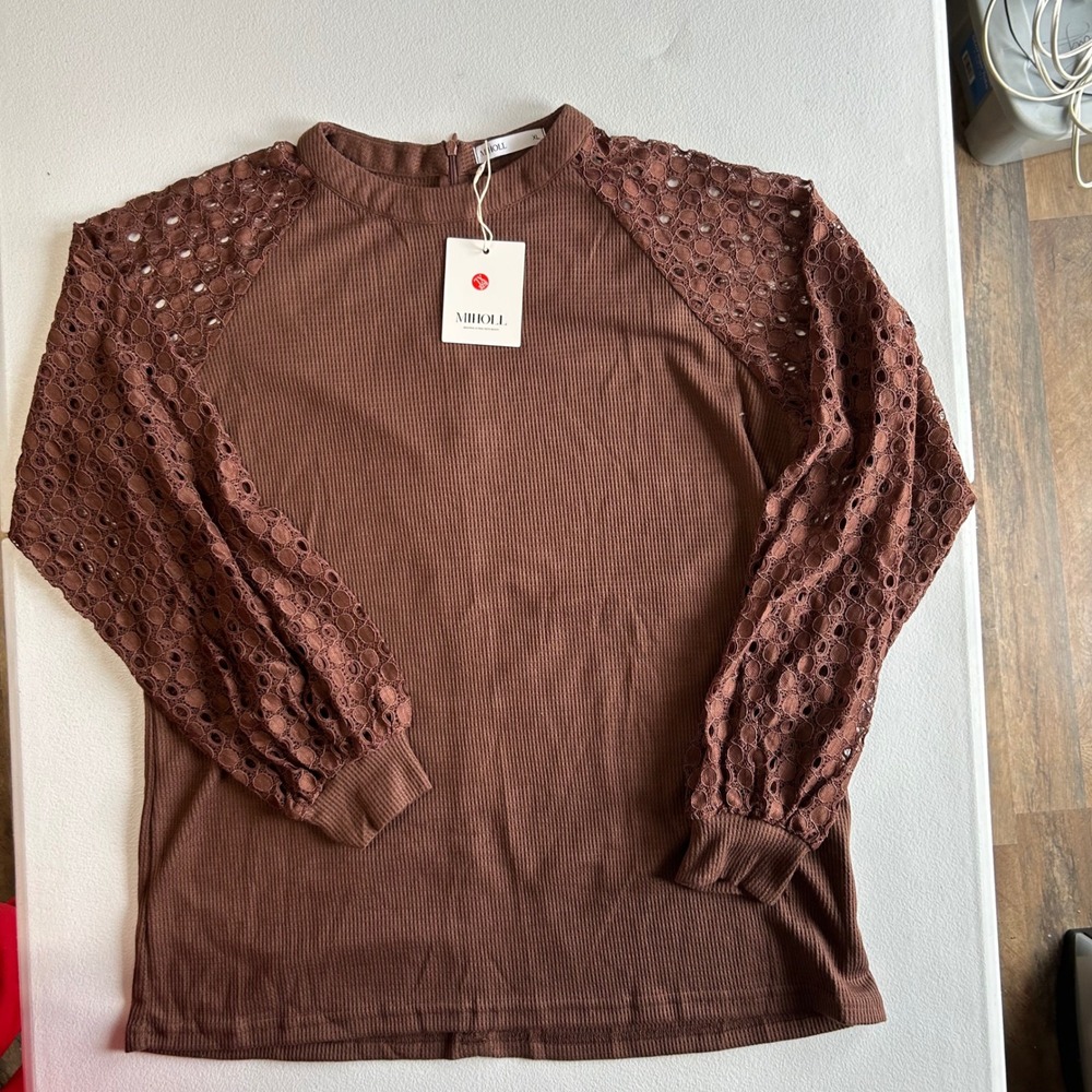 Miholl‎ Top Lace Eyelet Sleeve XL Brown Women